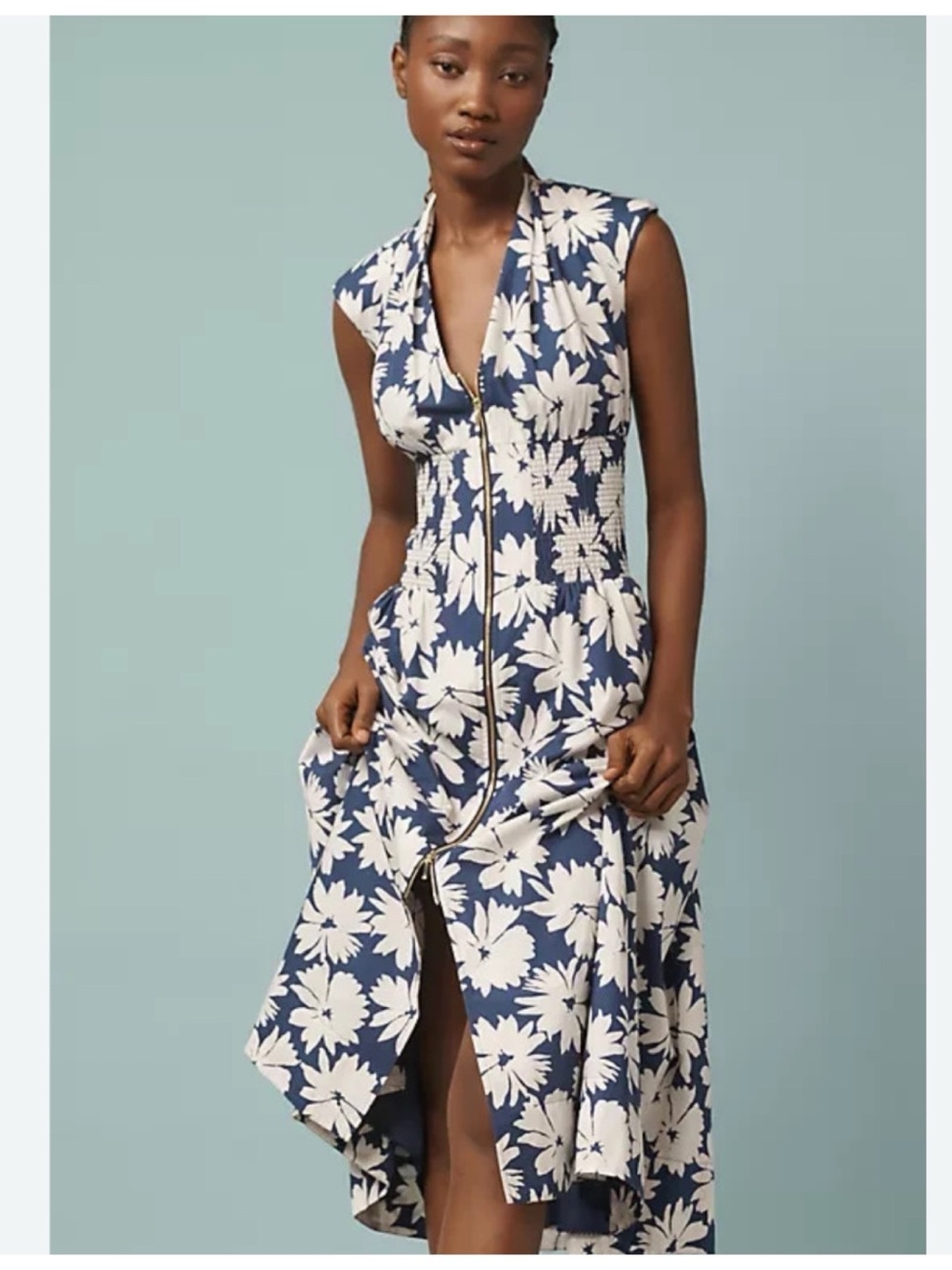 NWOT Anthropologie The Tommie Zip-Front  BLUE FLORAL Midi Dress, 2X